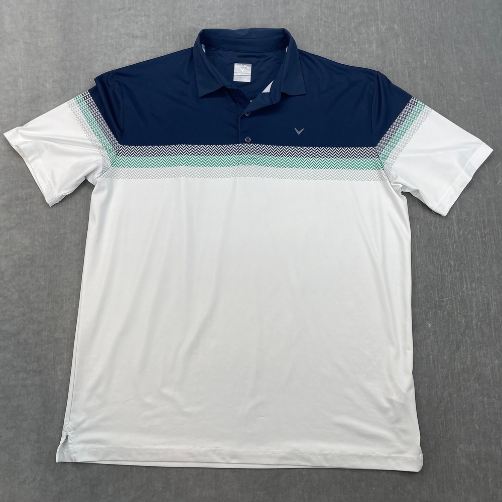 Callaway Mens Large White Navy Blue Polo Shirt Short Sleeve Chevron Colorblock